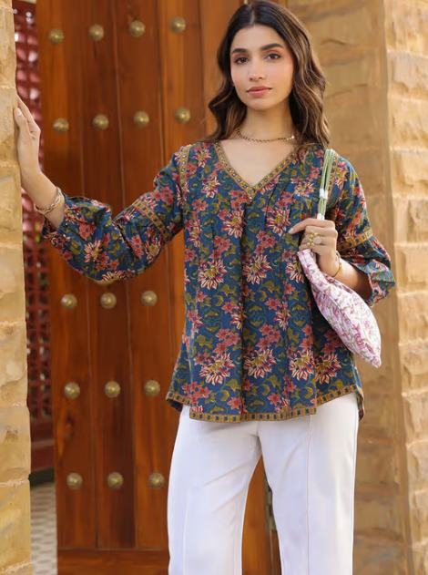 Blue Floral Printed V-Neck Pintuck Cotton Top