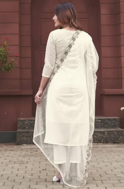 Women Off White Rayon Slub Keyhole Neck Kurta with Pant and Dupatta