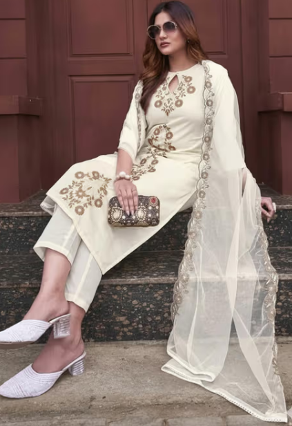 Women Off White Rayon Slub Keyhole Neck Kurta with Pant and Dupatta